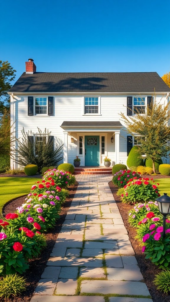 A modern colonial house with a turquoise door, surrounded by colorful flowers and a stone path.