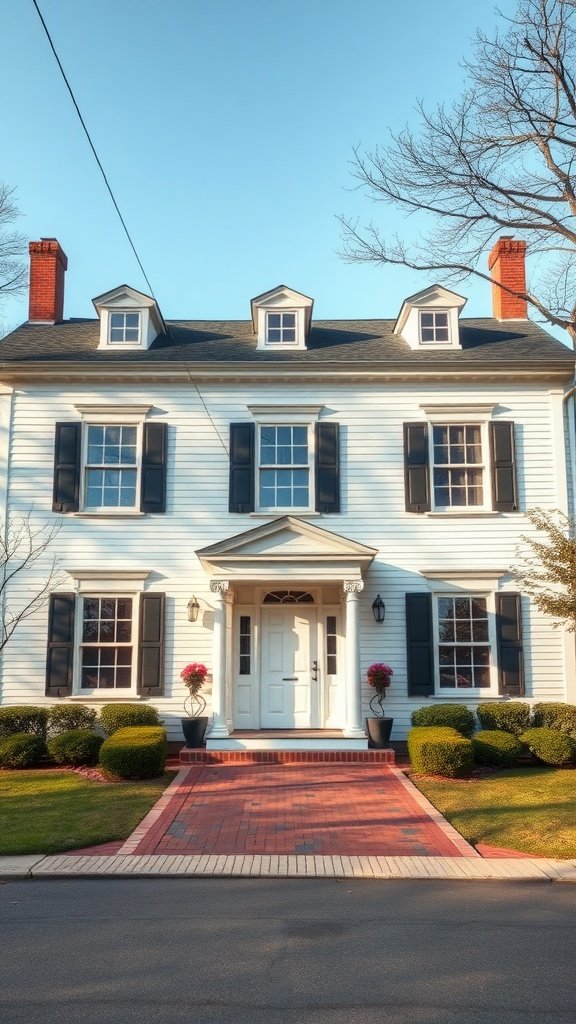 A modern colonial house with symmetrical facade, featuring a central entrance, windows, and neatly trimmed bushes.