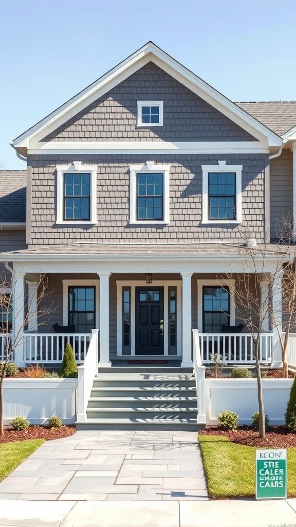 A modern colonial house with gray shingle exterior and white trim.