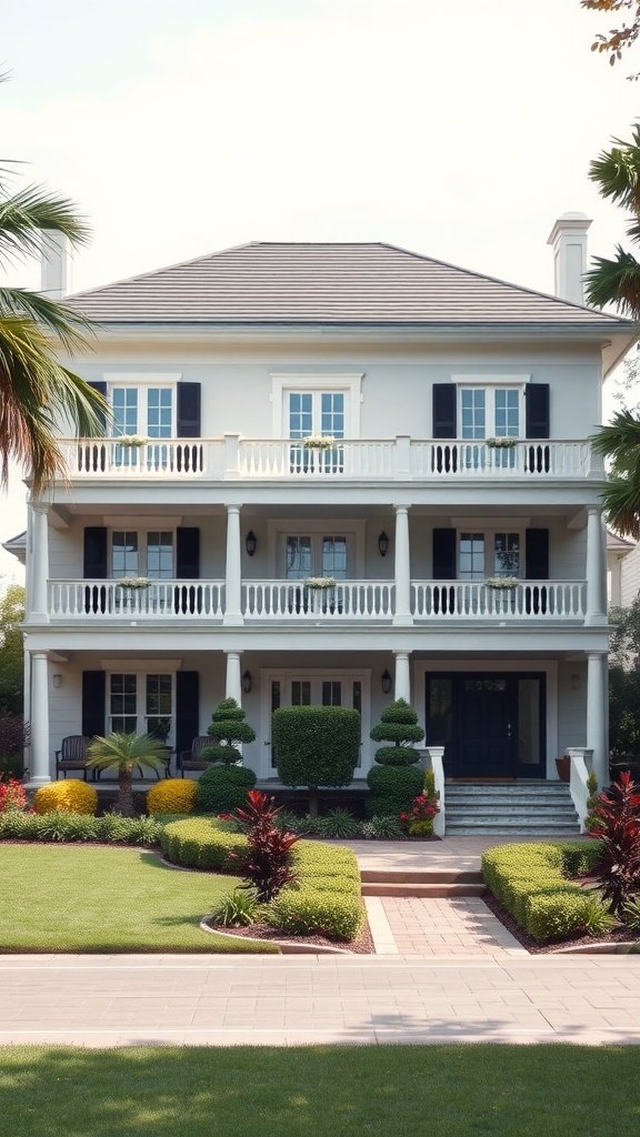 House with modern colonial exterior featuring elegant balconies and landscaped garden.