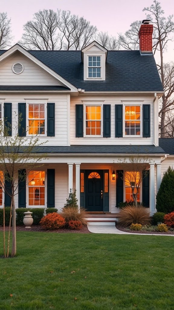 A modern colonial house with white siding, blue shutters, and warm glowing windows