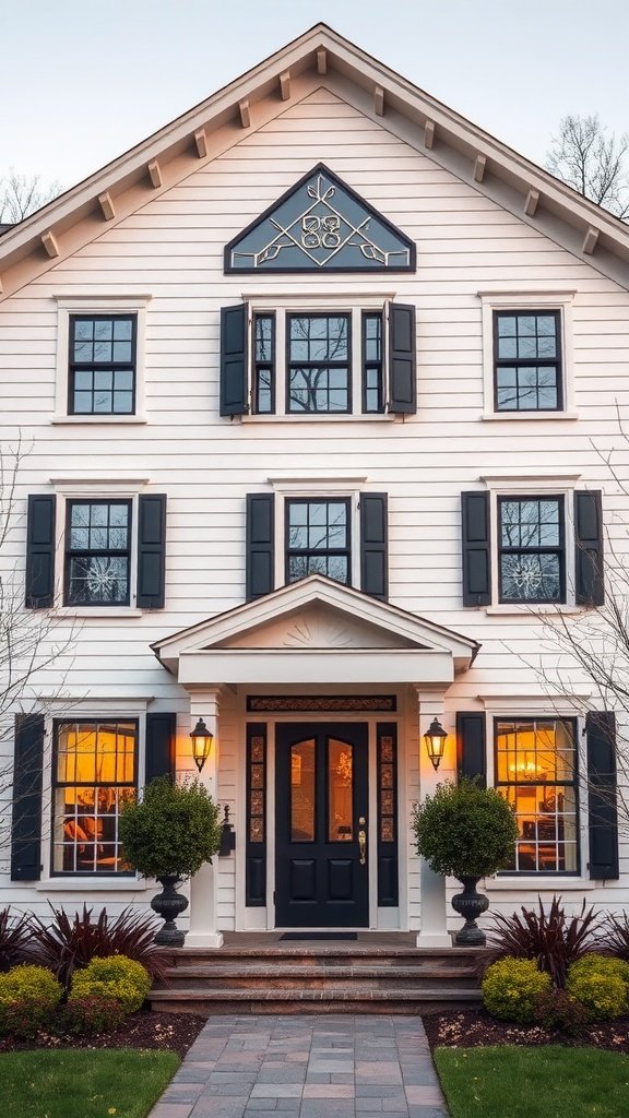 Modern colonial house with black shutters, decorative triangular feature, and warm window glow.