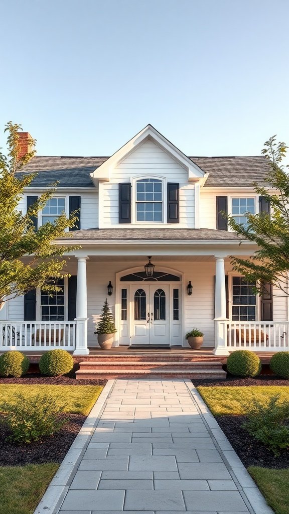 A beautiful modern colonial house with a welcoming front porch and neatly trimmed bushes.