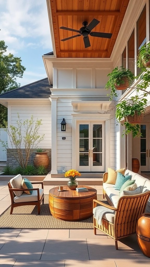 A modern colonial exterior with a cozy outdoor seating area featuring a round wooden coffee table.