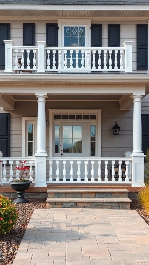 A modern colonial house with a charming porch, featuring white railings and black shutters.