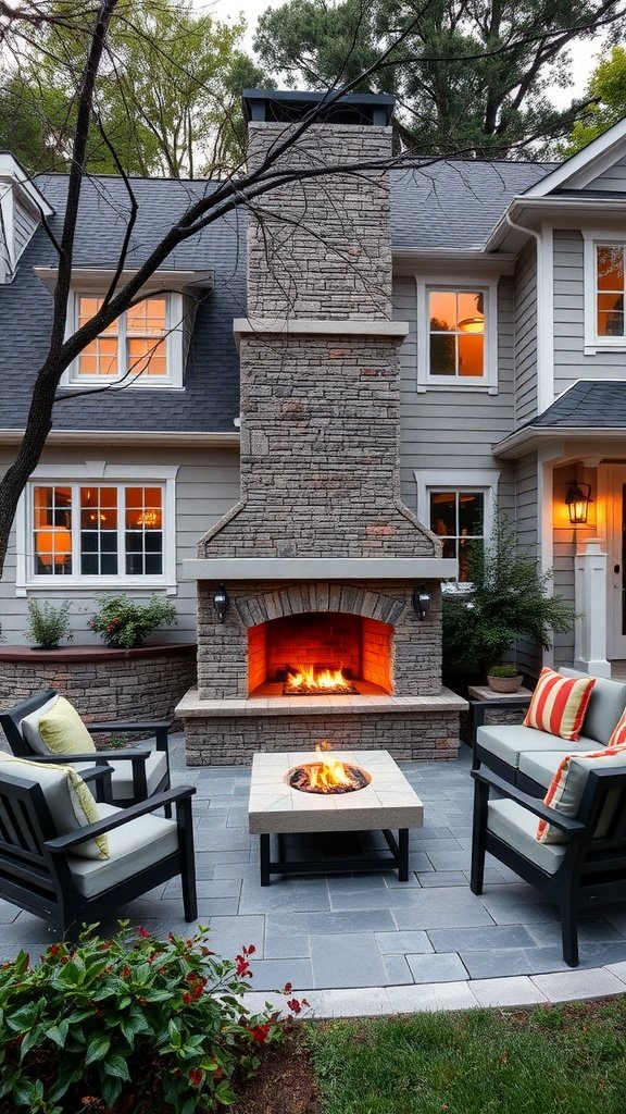 Outdoor fireplace with seating area in a modern colonial house