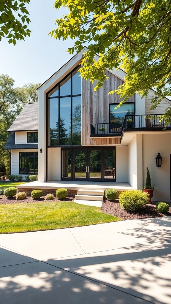 Modern colonial house with large windows and wooden accents