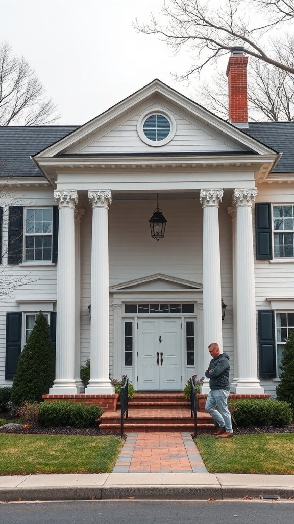 A modern colonial house with large columns, white exterior, and a brick pathway.