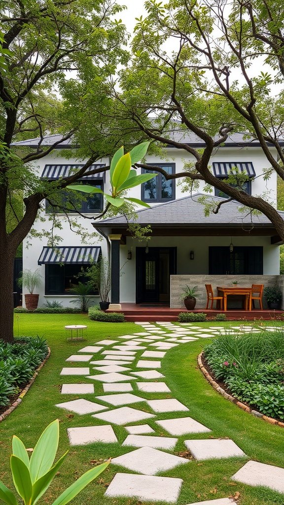 A modern colonial house with a stone pathway, surrounded by greenery and an outdoor dining area.