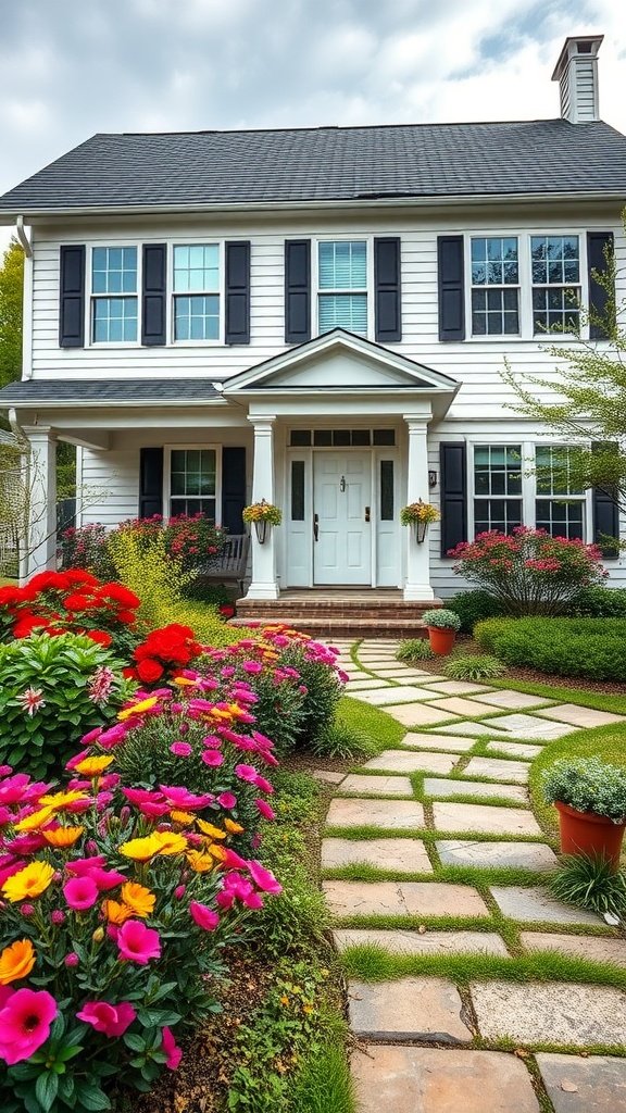 A modern colonial house with lush landscaping, featuring colorful flowers and a stone pathway.