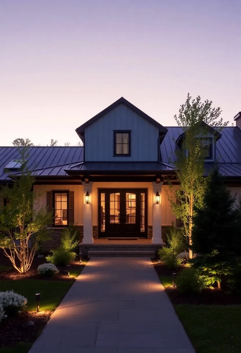 21 Eye-Catching Modern Farmhouse Exteriors That'll Leave You in Awe! - 15. Creative Lighting Solutions