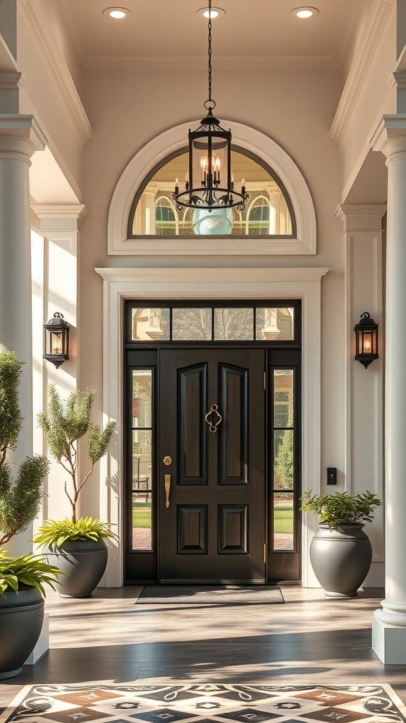 A bold black front door with a chandelier, surrounded by potted plants and bright lights.