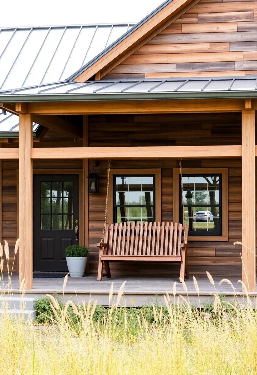 21 Eye-Catching Modern Farmhouse Exteriors That'll Leave You in Awe! - 2. Rustic Wood and Metal Fusion