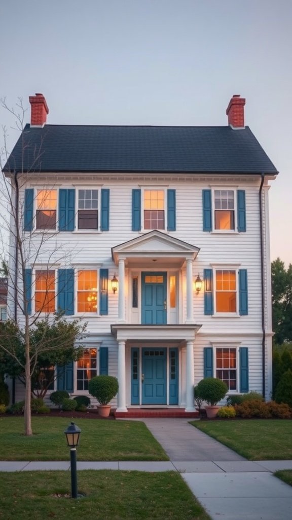 A modern colonial house with white siding, turquoise shutters, and a welcoming entrance.