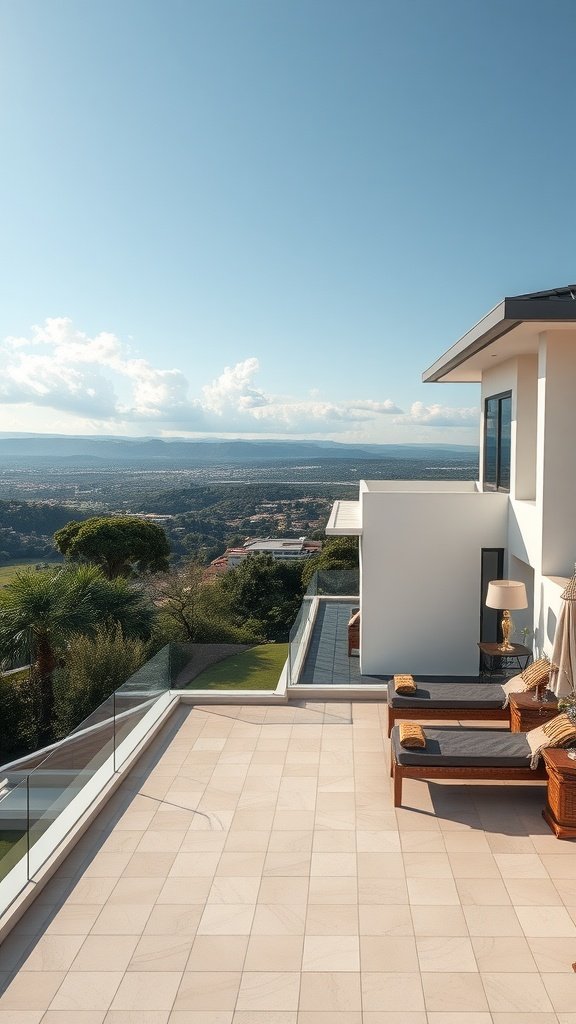 A modern colonial house with a spacious terrace overlooking a beautiful landscape.