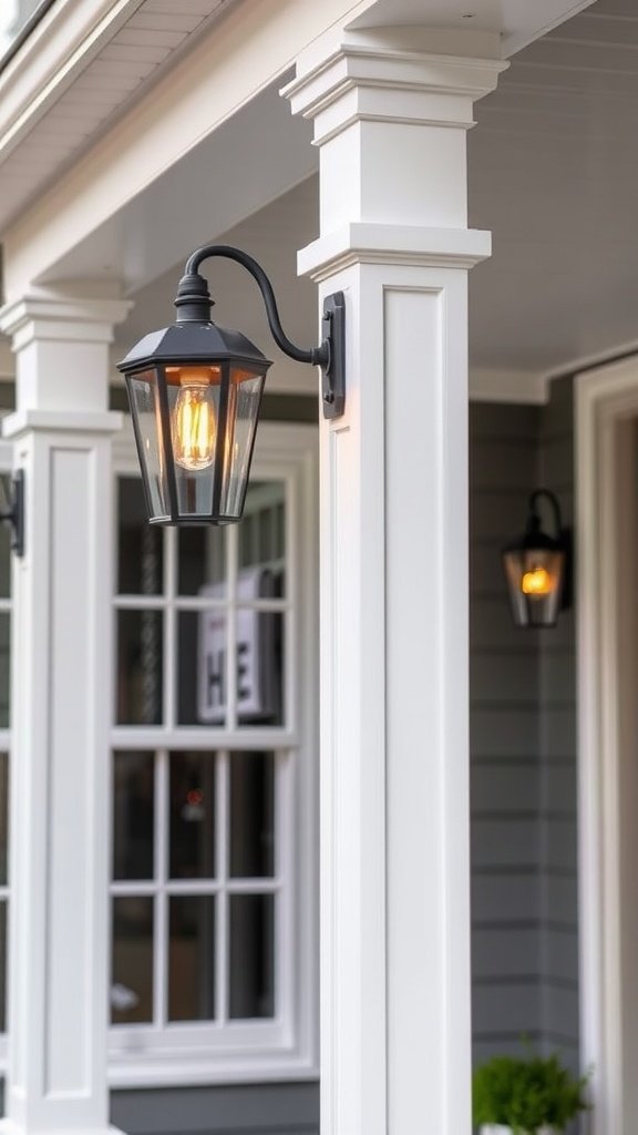 A close-up view of a porch light fixture on a modern colonial style house, showcasing elegant design.