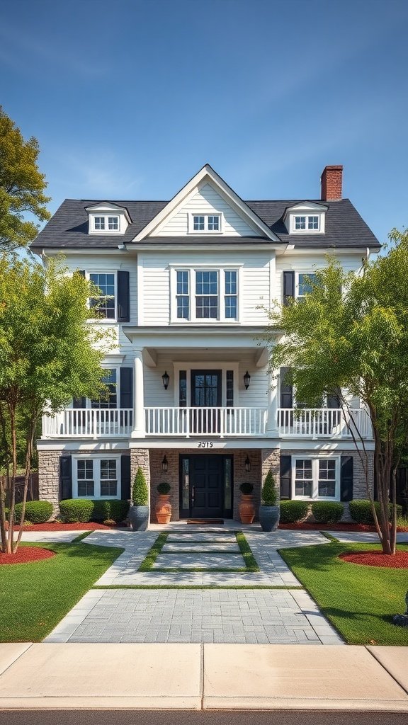 A modern colonial style house with white siding, stone accents, and a welcoming porch.