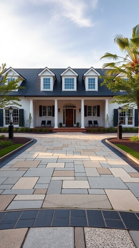 A modern colonial house with a stylish patterned driveway and inviting front entrance.