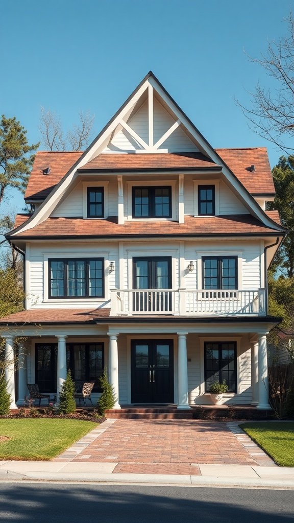 A modern colonial house with a steep pitched roof, gables, and a welcoming front balcony.