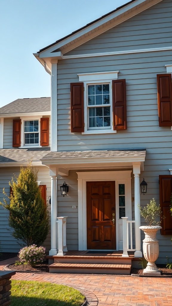 Modern colonial house with gray siding and wooden shutters